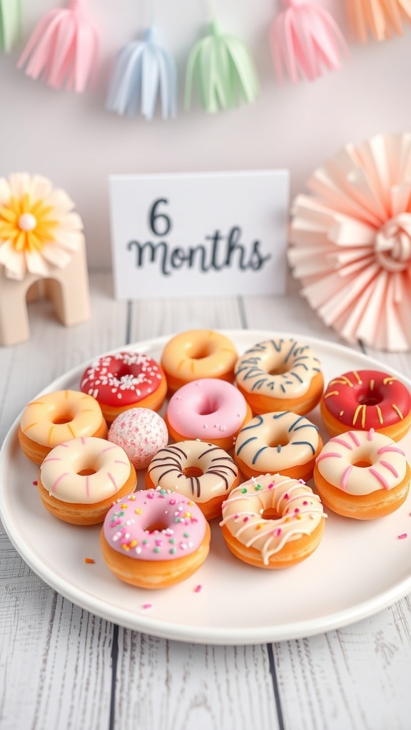 A platter of mini donuts with colorful icing and sprinkles, set against a pastel-themed backdrop for a baby